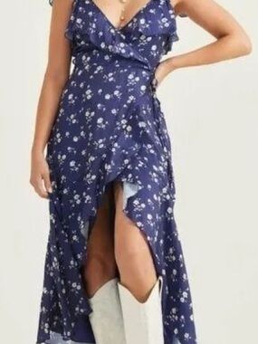 Altar'd State Navy Blue Floral High-Low Wrap Dress